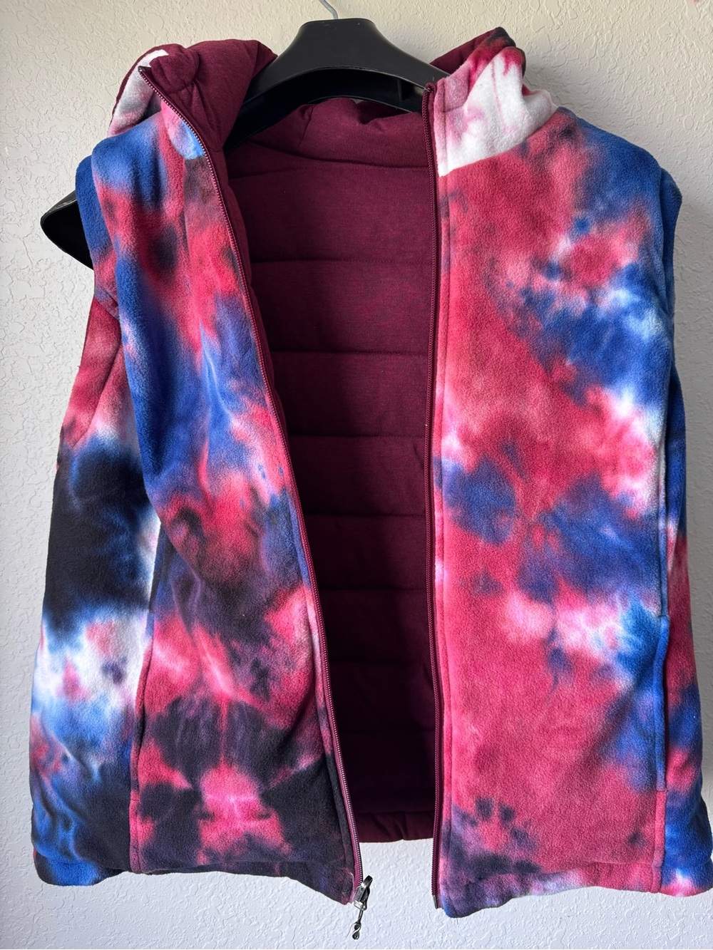 Tie-Dye Hooded Fleece Vest - Pink, Blue & Black